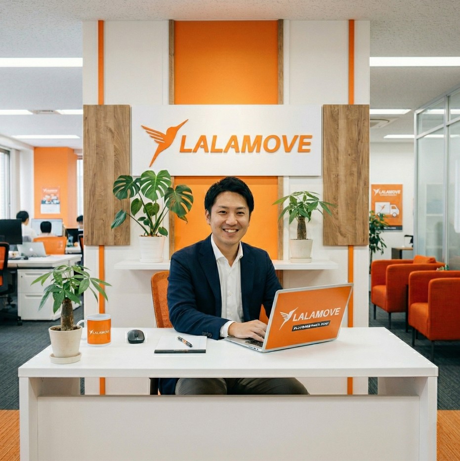 LALAMOVEロゴが掲げられたオフィスでパソコンを操作する男性運営者｜ララムーブ運送会社パートナー紹介サイト
