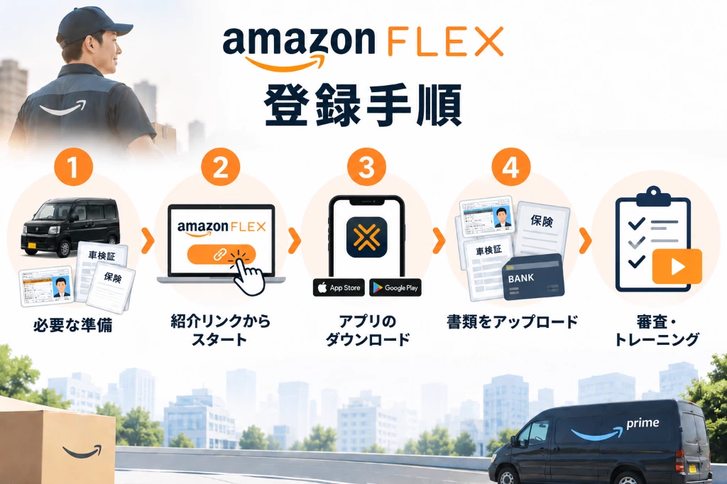 アマゾンフレックス配達員の登録手順5ステップ（準備・紹介リンク開始・アプリ導入・書類提出・審査＆トレーニング）インフォグラフィック