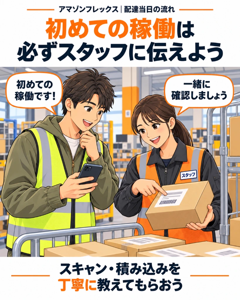 アマゾンフレックス配達当日の流れと初心者稼働のコツ（ステーション到着・スタッフへの声かけ・荷物スキャン・積み込み解説）
