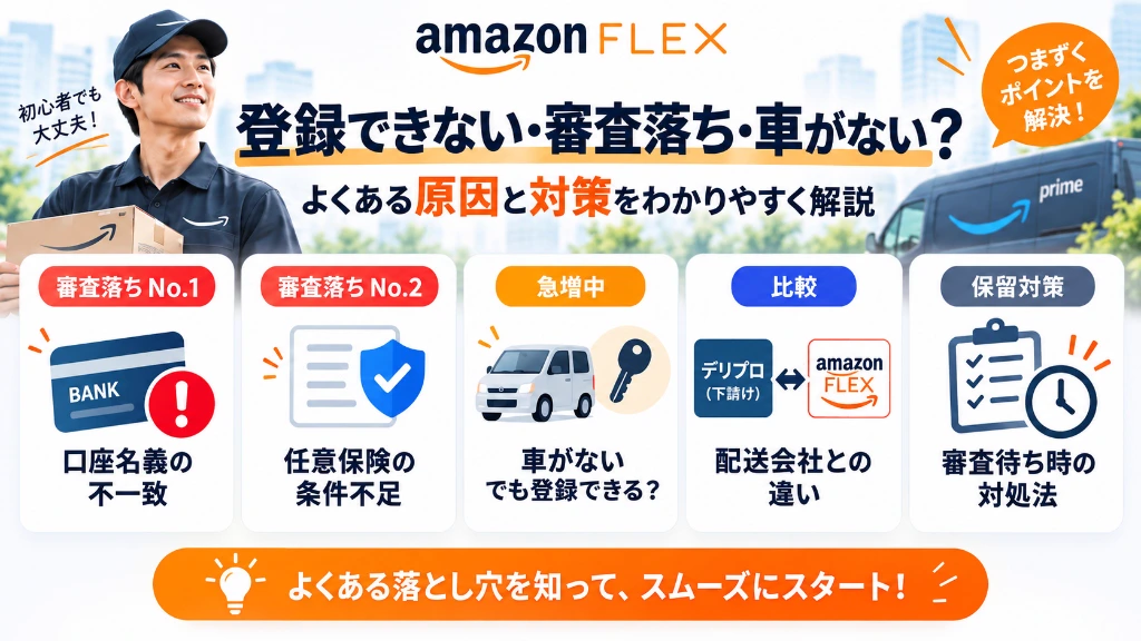 アマゾンフレックスで登録できない・審査落ち・車両がない場合の主な原因と解決対策一覧（口座名義・任意保険・デリプロ比較）