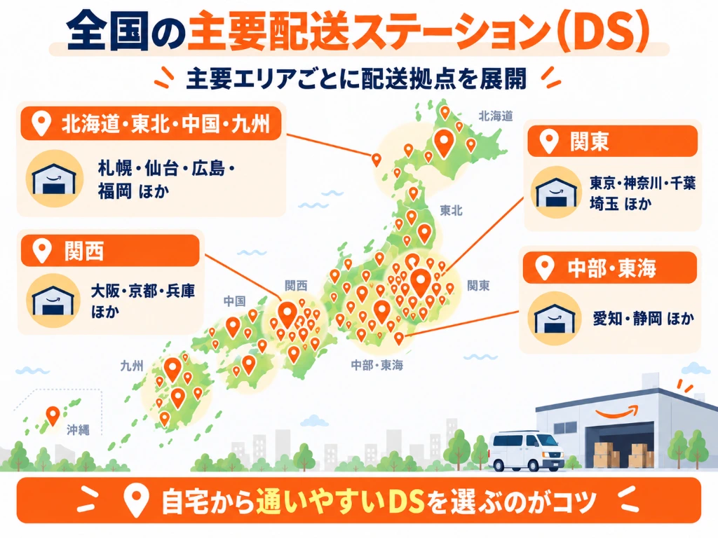 アマゾンフレックス全国の主要配送ステーション（DS拠点）と対応稼働エリア一覧マップ（関東・関西・中部・東北・九州等）